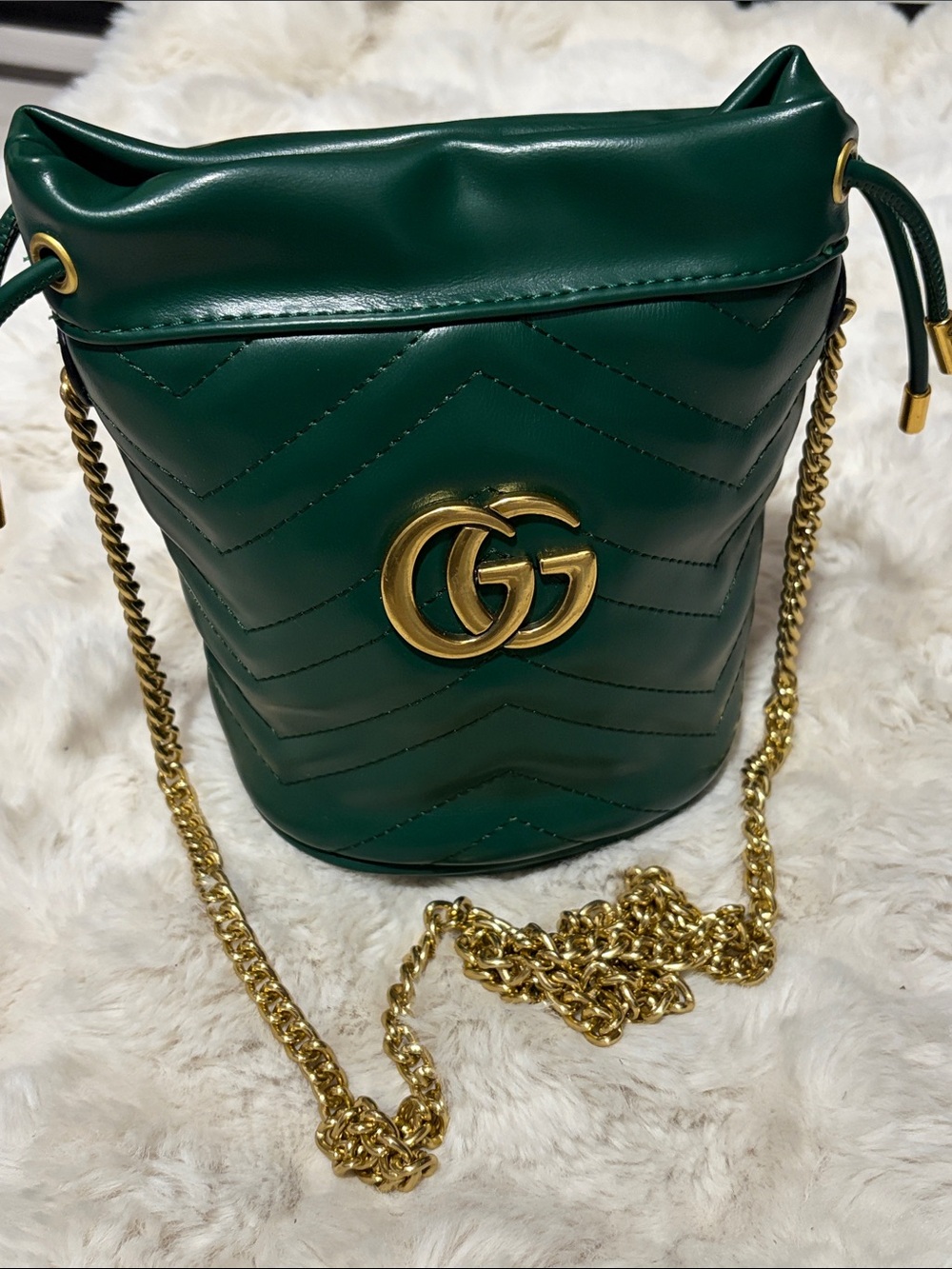 Green Marmont Quilted Bucket Crossbody with Gold Chain